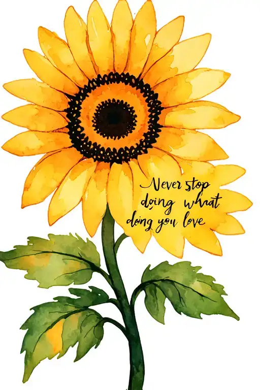 "Never stop doing what you love" yellow sunflower with stems with cursive words Never stop doing what you love tattoo design idea