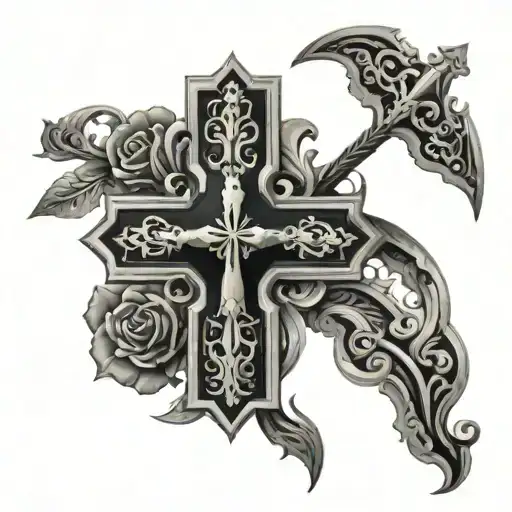 A detailed black and grey tattoo of a cross with intricate Russian Orthodox patterns tattoo design idea