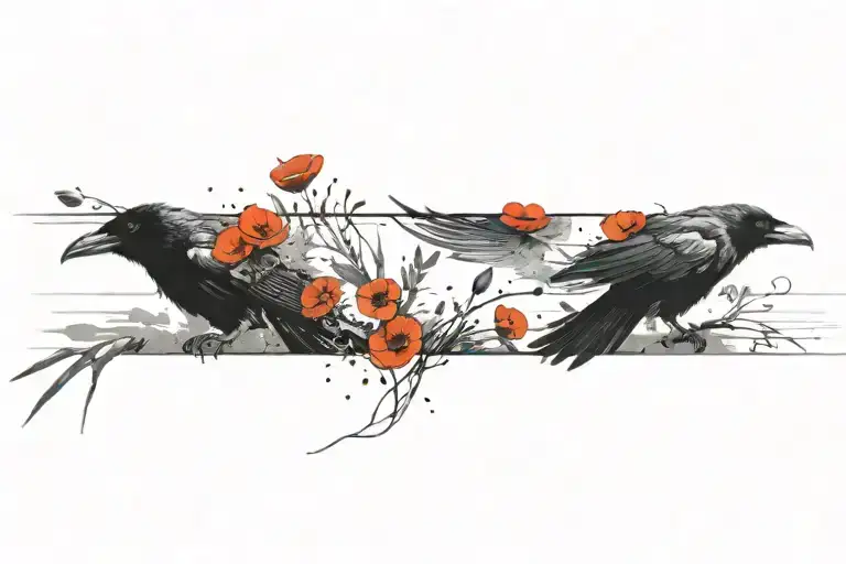 Raven Flying With Poppies tattoo design idea
