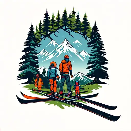 A family tree intertwined with mountain skis and fitness equipment tattoo design idea