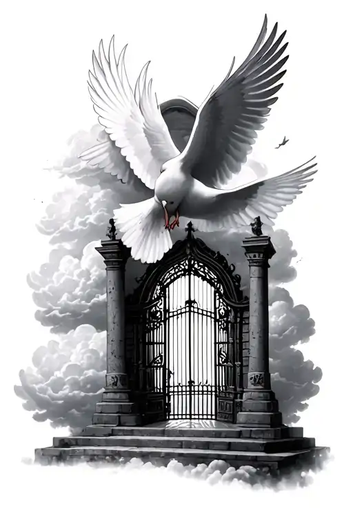 2 white dove rip mom & rip grandad around heaven cloud & gate of heaven tattoo design idea