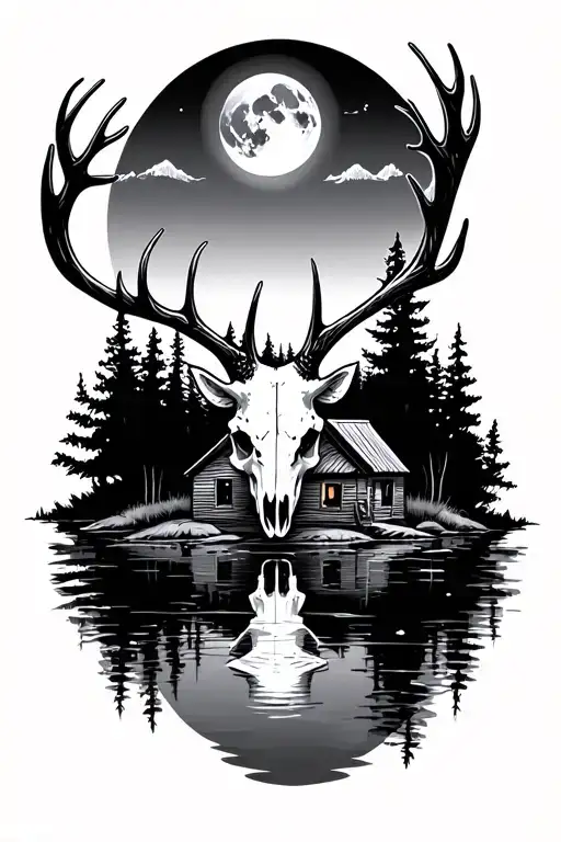 moonlight Forest over a pond and cabin. deer skull tattoo design idea
