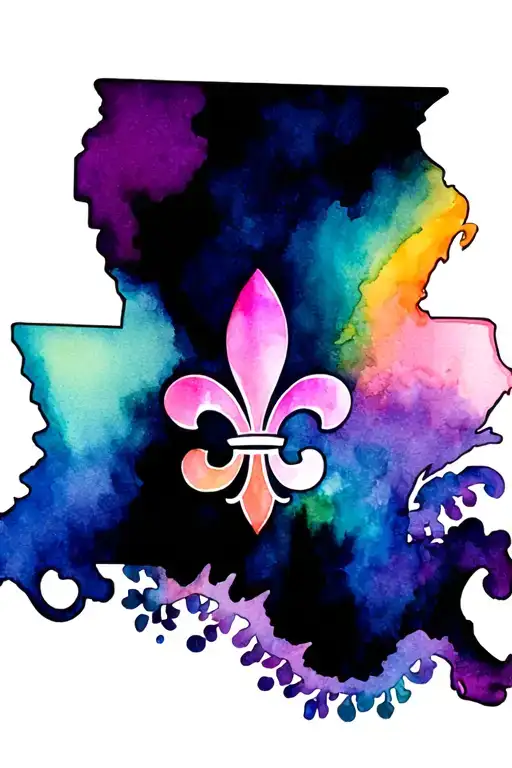 an outline of Louisiana with a fleur de lis inside in Mardi Gras colours tattoo design idea