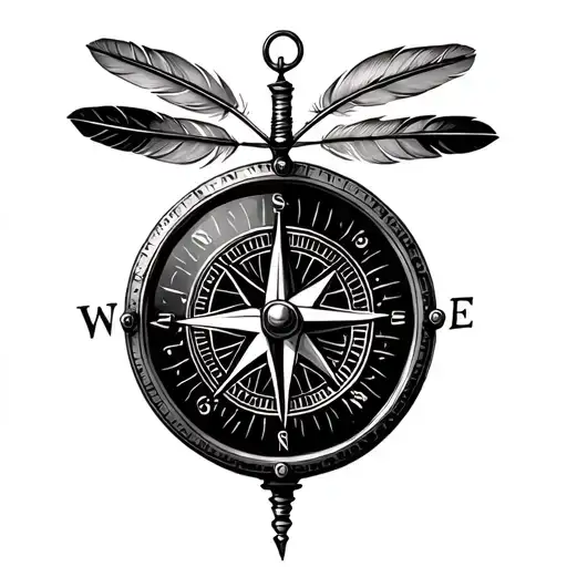 old compass, 3 feathers garnishing the top of the compass,  tattoo design idea