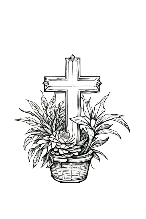 house plants and succulents intertwined with the cross in the middle  tattoo design idea