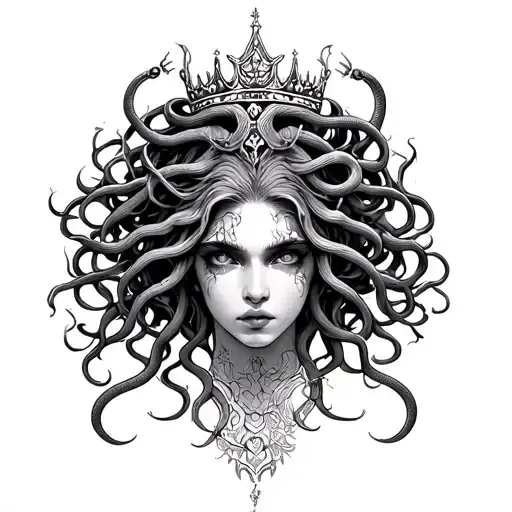 Medusa tattoo design,snakes as hair, intense eyes, mythological and realistic,ornamental crown, powerful and mysterious  tattoo design idea