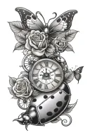 name incorporated, ladybug, rose, and clock tattoo design idea
