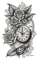 name incorporated, ladybug, rose, and clock tattoo design idea