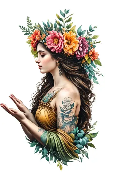 Soteria goddess, flower headband, mount olympus, reaching out tattoo design idea