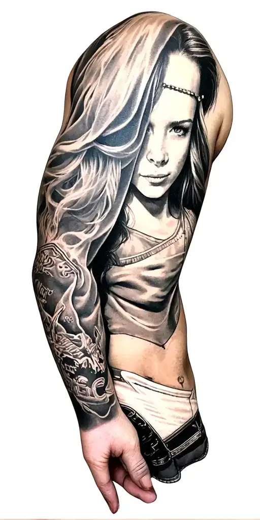 A full-arm black & grey realism sleeve symbolizing your service, your life as a trucker, and your devotion to your daugh tattoo design idea