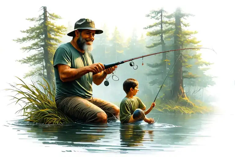 father son fishing in forest scene tattoo design idea