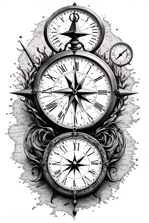 clocks, compasses and map behind it with water tattoo design idea