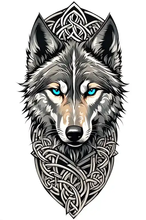 wolf with blue eyes on armor tattoo design featuring Celtic trinity knot  tattoo design idea