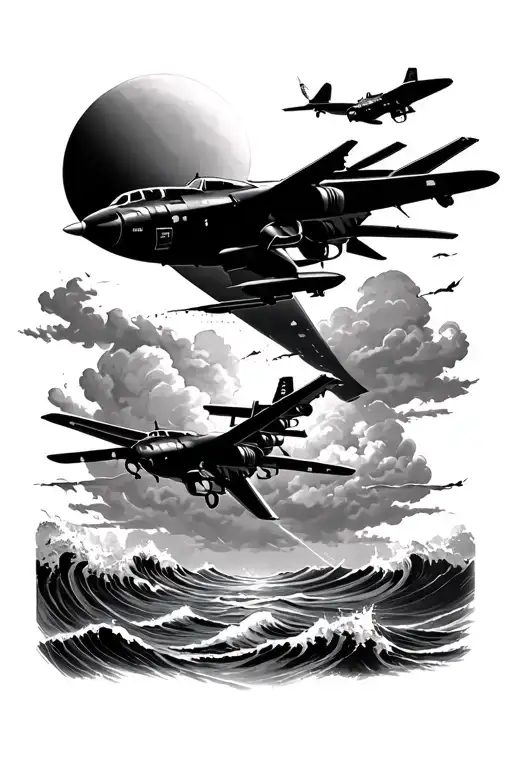 kamikaze sun with airplanes guns, clouds and waves below tattoo design idea