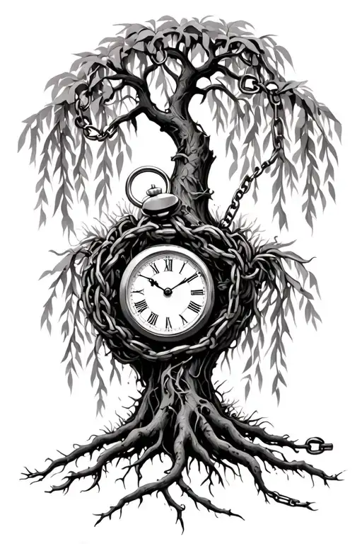 uprooted weeping willow tree with a pocket watch and chain wound in its roots  tattoo design idea