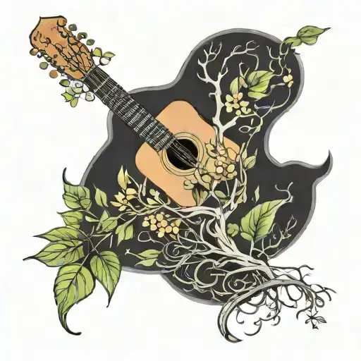 acoustic guitar fusionned with a tree and visible branches and falling leaves and music notes emanating from branches  tattoo design idea