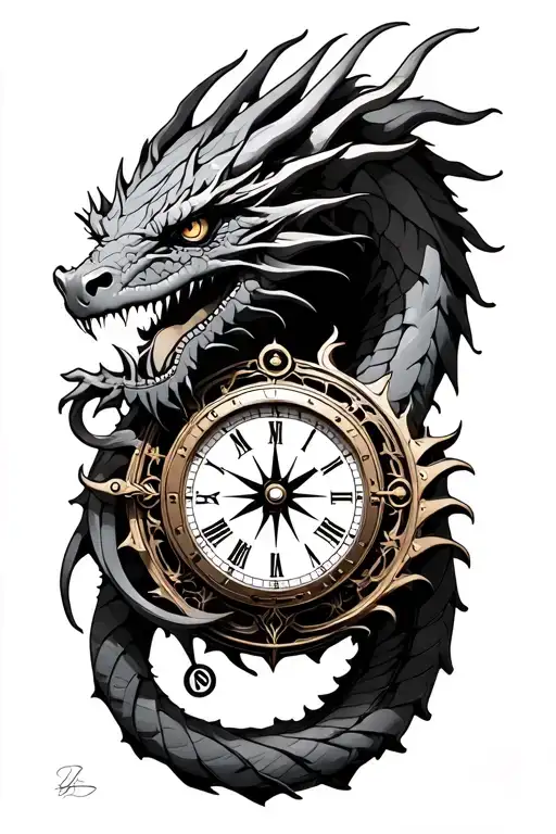 biomechanical dragon oroboros coiled around clock and compass tattoo design idea