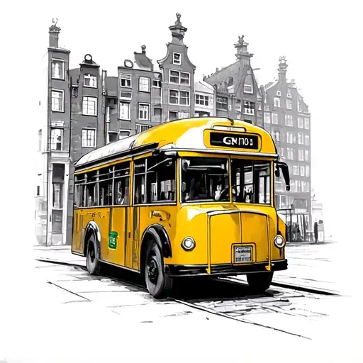 an old CN public bus in yellow colour with old Amsterdam city scene in realistic style  tattoo design idea