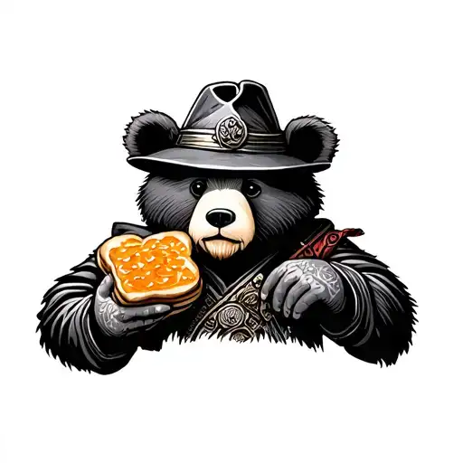Paddington bear holding a marmalade sandwich. dressed as a samurai tattoo design idea
