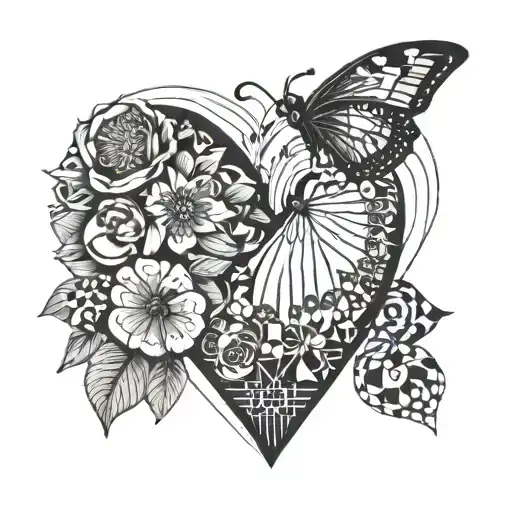 heart fingerprints with flowers and butterflies tattoo design idea