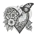 heart fingerprints with flowers and butterflies tattoo design idea