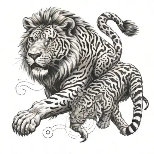 A powerful image of a lion and a tiger intertwined, representing the duality of brotherhood and unity tattoo design idea
