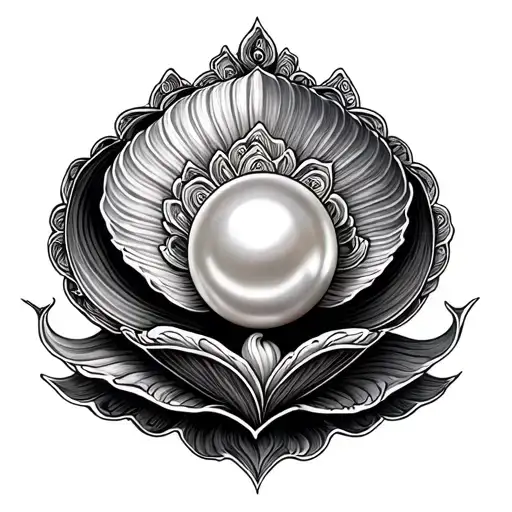 A traditional tattoo design of a large, lustrous pearl in the center. The pearl is encased in a shell with intricate,  tattoo design idea