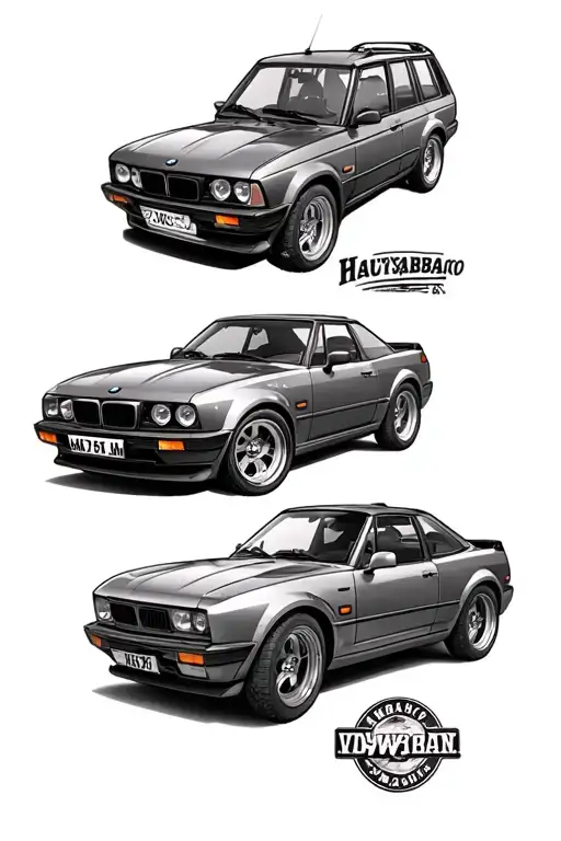 a 120y datsun, a BMW Z3, a Hayabusa, a landrover discovery 1, a Mk 1 volkswagen tattoo design idea