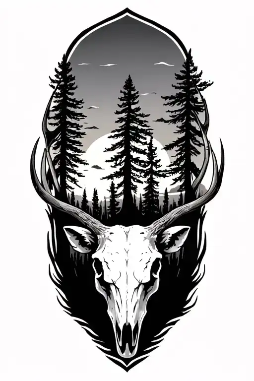 elk skull, sunset, pine tree tattoo design idea