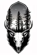 elk skull, sunset, pine tree tattoo design idea