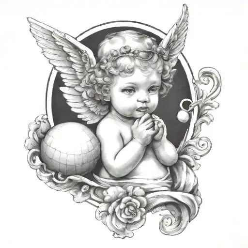 A baby angel with two horns above her head ,holding a diamond a shell which has a pearl in it  tattoo design idea