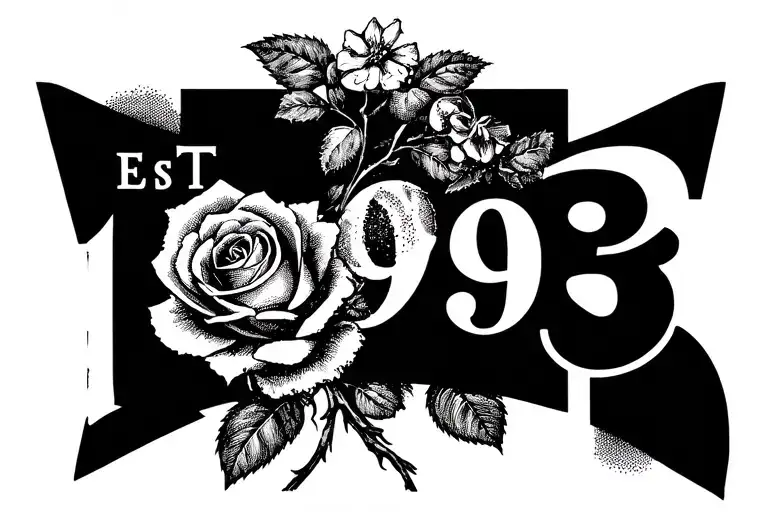 "Est. 1993" single rose and larkspur bouquet, tattoo design idea