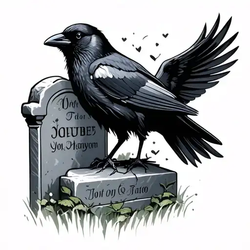 Headstone with black crow perched tattoo design idea