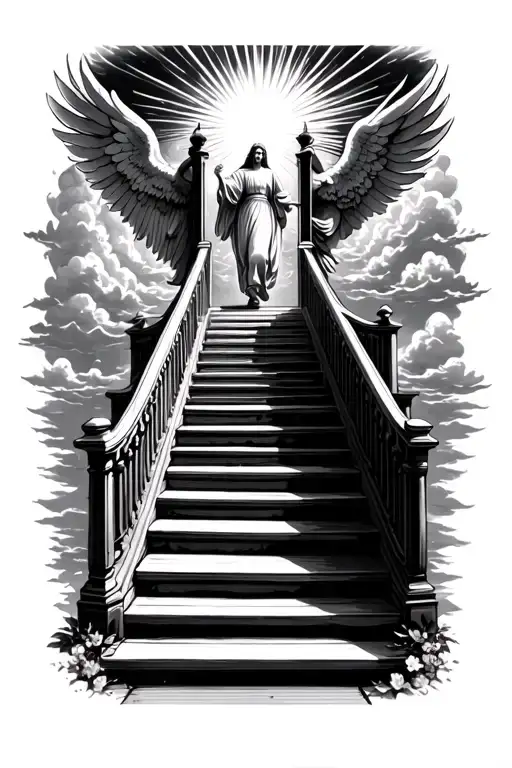 stairway to heaven walking up stairs angels sun rays clouds heaven gate at the top of the stairs  tattoo design idea