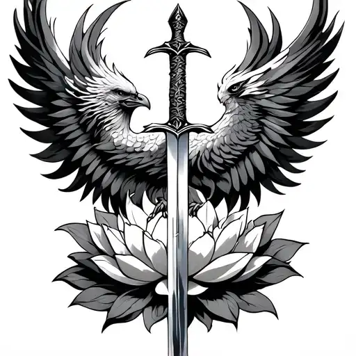rising phoenix from lotus flowers with standing sword in the middle tattoo design idea