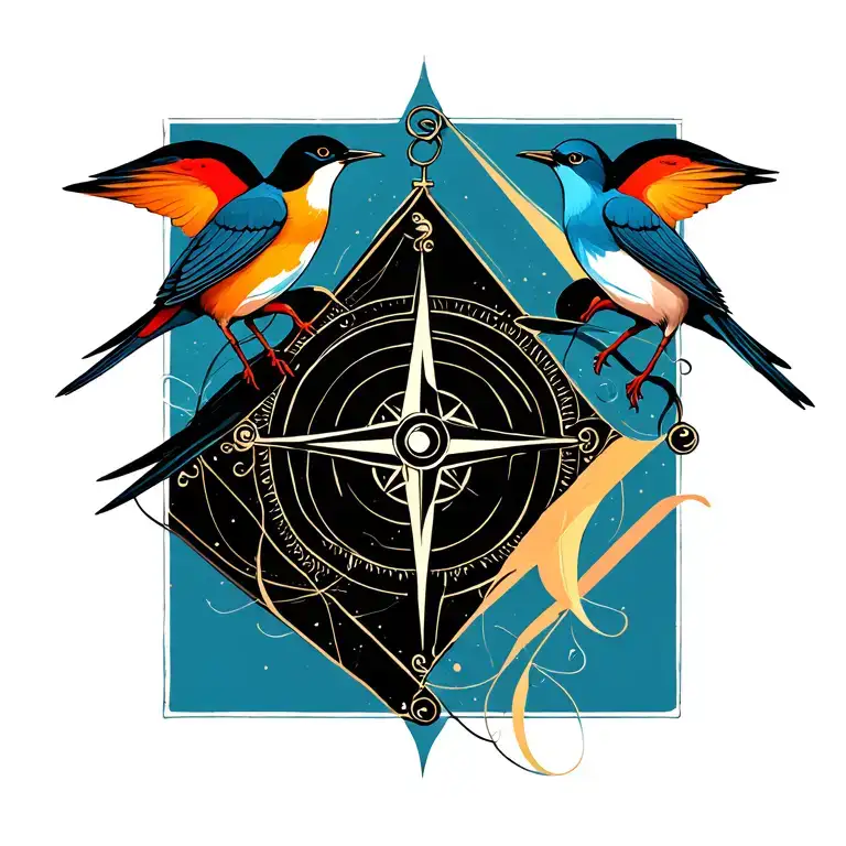 three birds and compass  tattoo design idea