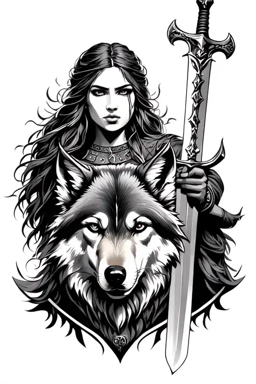 viking woman holding sword with wolf underneath tattoo design idea