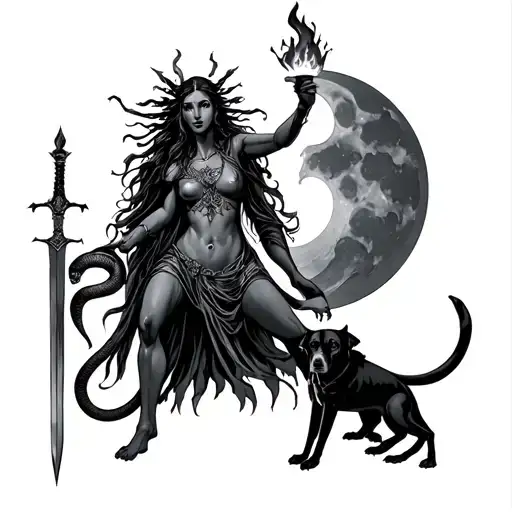 goddess Hecate holding torch and dagger snake hanging loosely around her neck triple moon above head black dogs at feet tattoo design idea