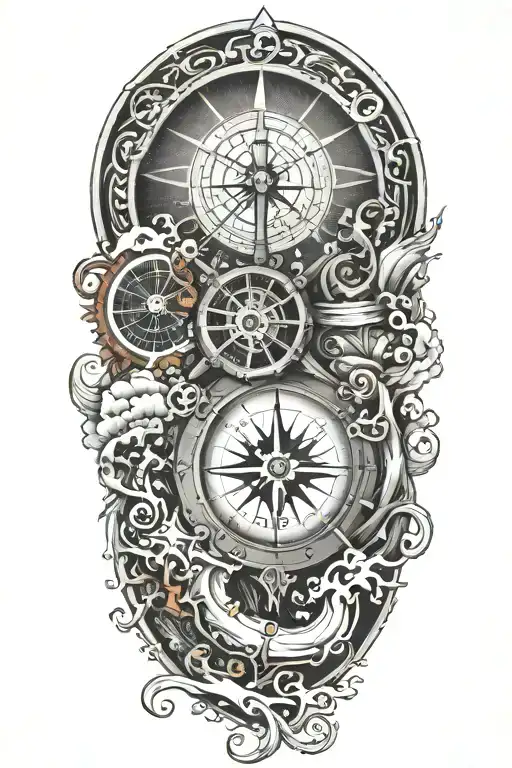 A detailed underwater scene with the hawaii pipeline wave and a compass rose as a focal point tattoo design idea