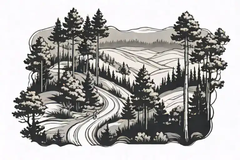 pine forest, road leading towards a field tattoo design idea