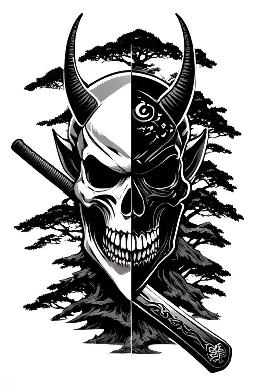 Half oni mask half skull whit a katana samurai sword in the middle splitting it in half with a Japanese tree behind tattoo design idea