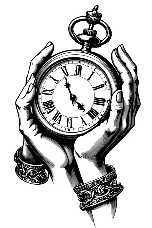 praying hands and pocket watch with a birthday in roman numerals  tattoo design idea
