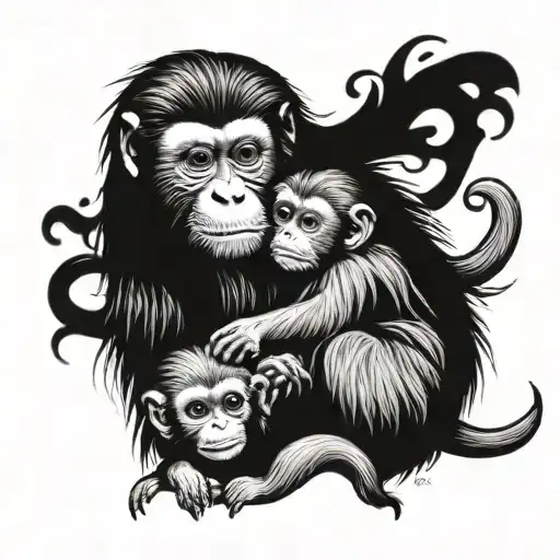 Make me and golden lion tamarin mother and child. Include a heart made from R and M. tattoo design idea