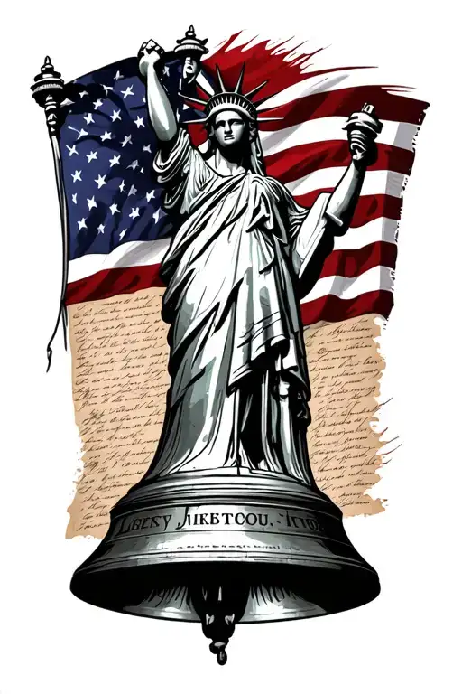 Statue of Liberty with American flag and 1776 declaration liberty bell tattoo design idea