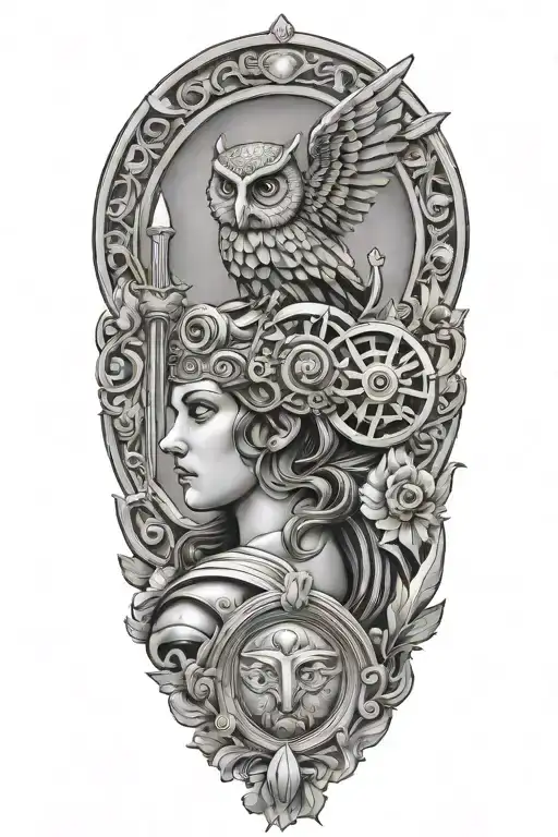 athena with owl medusa shield and spear tattoo design idea
