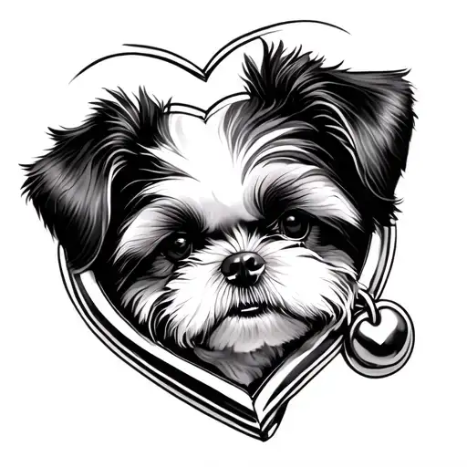 shih tzu head with underbite in a heart shaped locket leavening white space around the dogs head and the locket  tattoo design idea