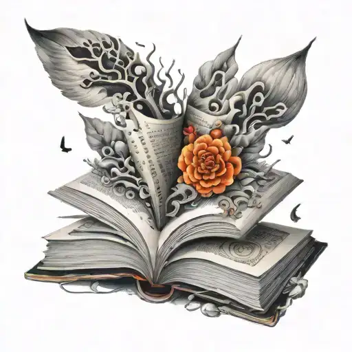 black and gray surrealistic book open tattoo design idea