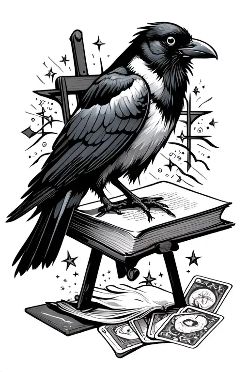 Sleeve tattoo of black and white crow on book with stars and easel and tarot cards tattoo design idea