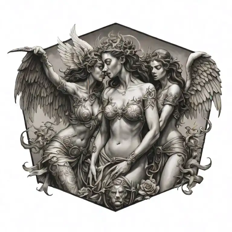 war in heaven female angels versus female demons nude tattoo design idea