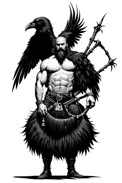 muscular bagpiper bald black beard black huge wings on his back flying crow with claws tattoo design idea